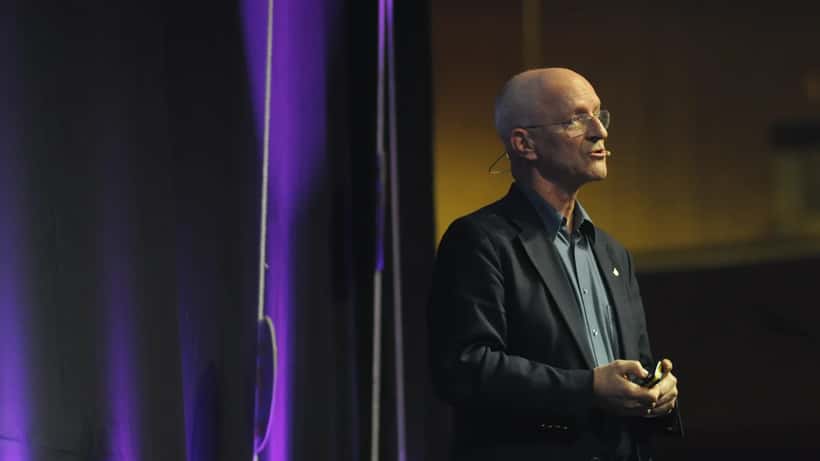 Claude Nicollier, premier astronaute suisse, lors d'une conférence à Genève