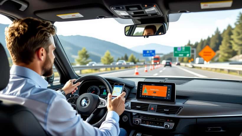 Fahrer kontrolliert Navigations-App auf Smartphone im Auto vor A2-Baustelle auf der Südautobahn