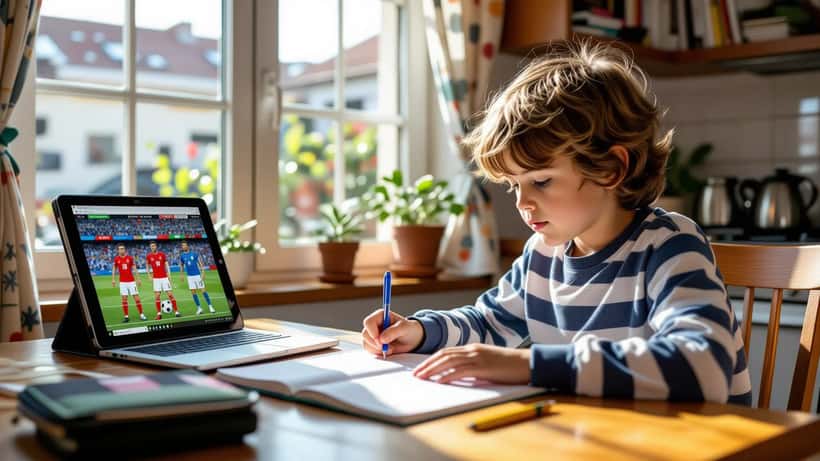 Criança a estudar matemática com a tabela do Mundial 2026 num tablet