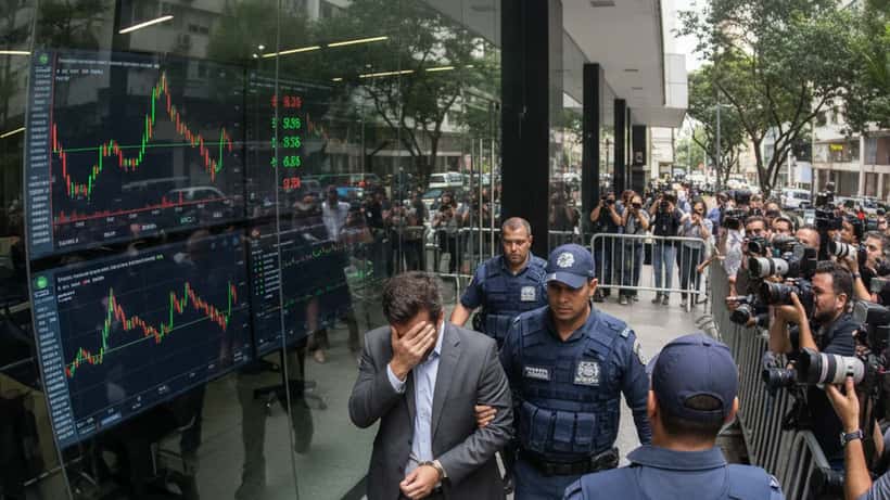 Policiais federais conduzindo empresário preso em escritório corporativo em São Paulo após operação de fraude