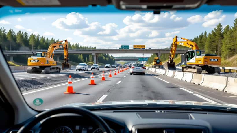 Vejarbejde på E20-motorvejen med løse sten og en forrude med stenslag