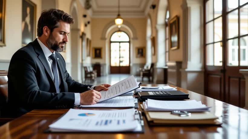 Advogado analisa processo penal e prazos num corredor de tribunal em Lisboa