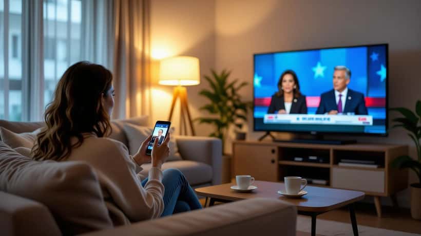 Mulher brasileira sentada no sofá assistindo debate presidencial na televisão com expressão ansiosa, celular com notificações ao lado