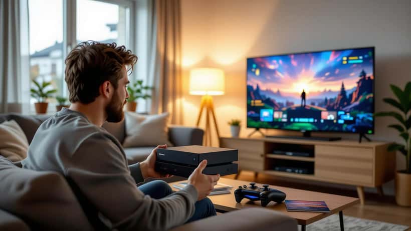 Mann undersøker ny spillkonsoll-boks i moderne norsk stue foran TV-skjerm