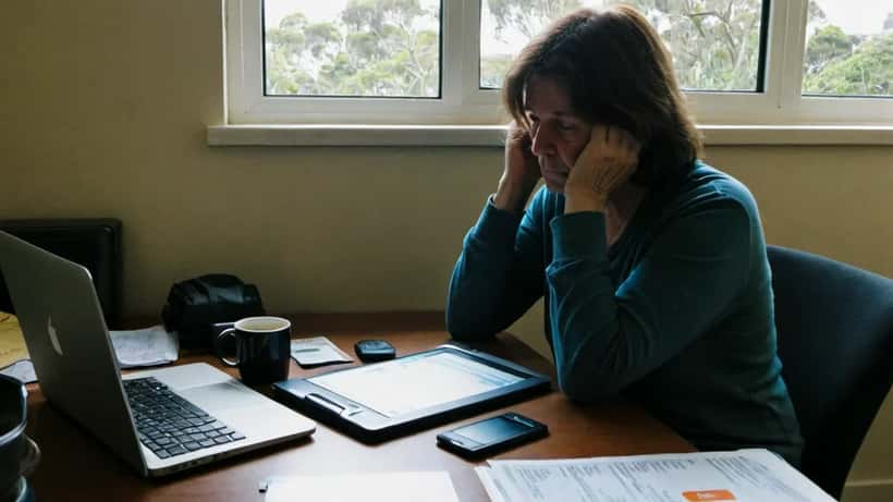 Australian woman looking concerned at a laptop showing a suspicious travel booking confirmation email at home