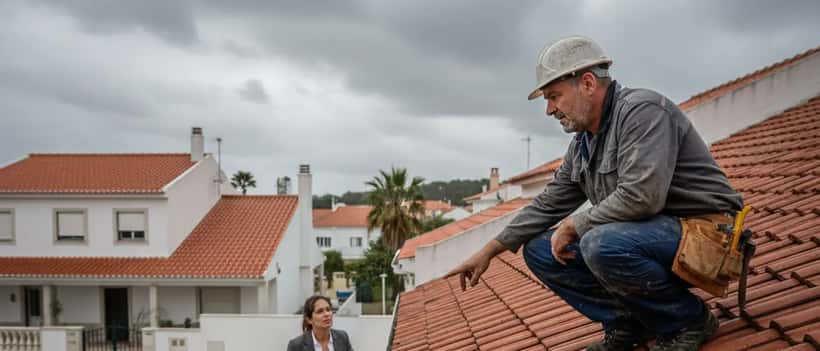 Técnico de construção inspecionando telhado danificado após tempestade em Portugal