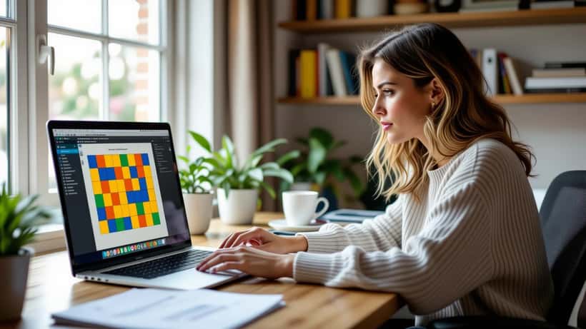 UK woman blogger reviewing legal documents while NYT Connections puzzle appears on laptop screen