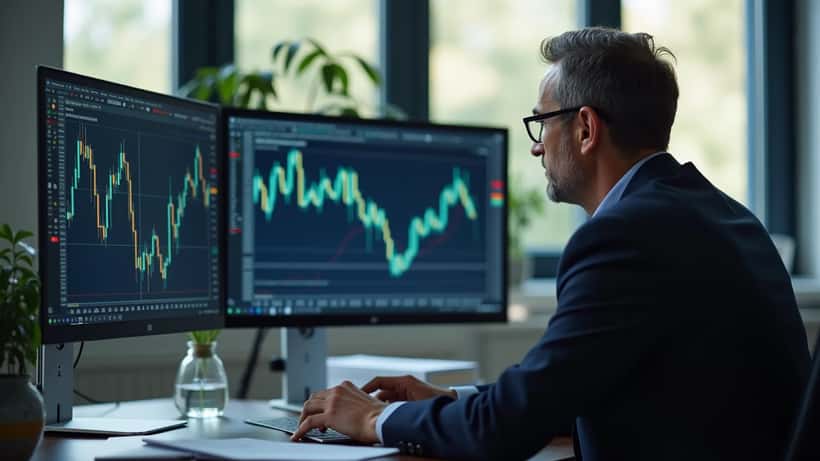 Conseiller en gestion de patrimoine analysant la volatilité boursière de Wall Street pour un investisseur français