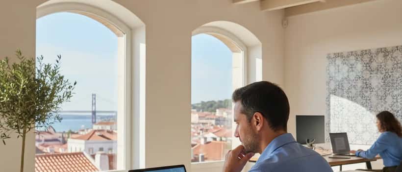 Profissional de TI português num escritório moderno a rever alertas de segurança no computador