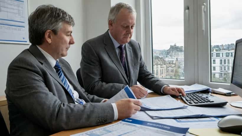 Financial adviser reviewing pension documents in a modern Edinburgh office after the Standard Life and Aegon UK merger announcement