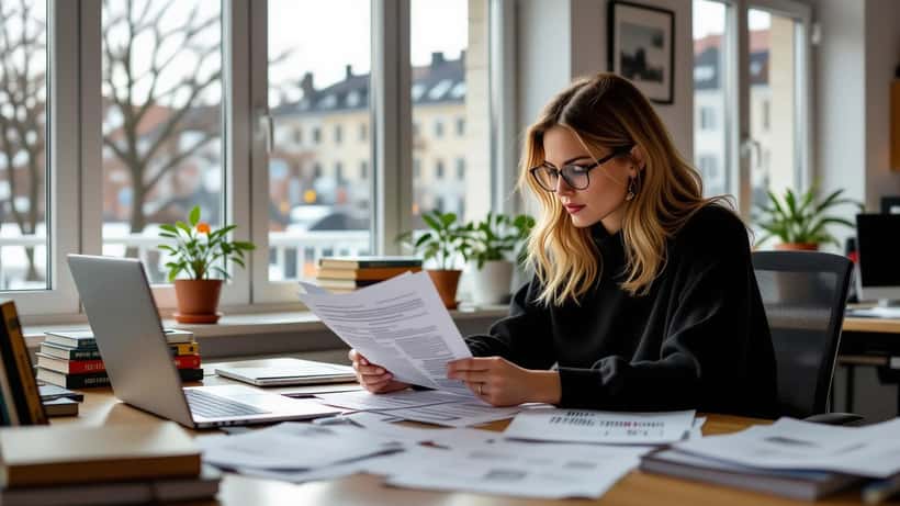 Journalist granskar dokument i ett redaktionsrum med dagsljus från fönster