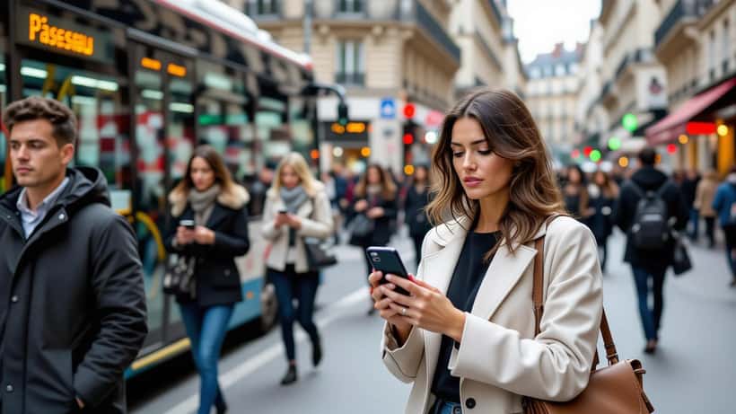 Femme frustrée à Paris brandissant son smartphone sans réseau, panne Syma Mobile septembre 2026