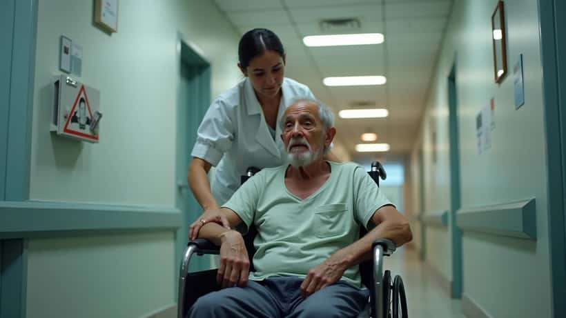 Homem idoso em cadeira de rodas saindo de hospital, representando saúde do idoso