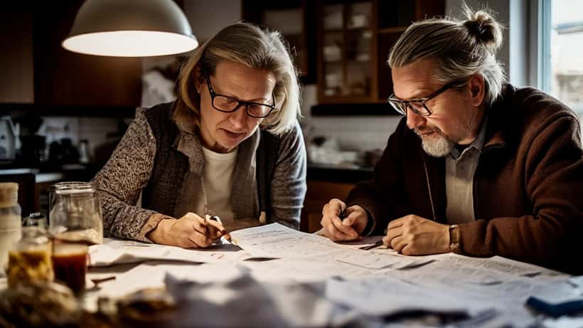 Suomalainen pariskunta selaa rahoitusasiakirjoja huolestunein ilmein keittiönpöydässä