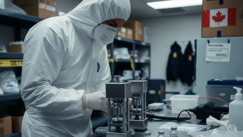 Officier de la GRC en tenue de protection examinant des pièces à conviction de fentanyl saisi en Colombie-Britannique