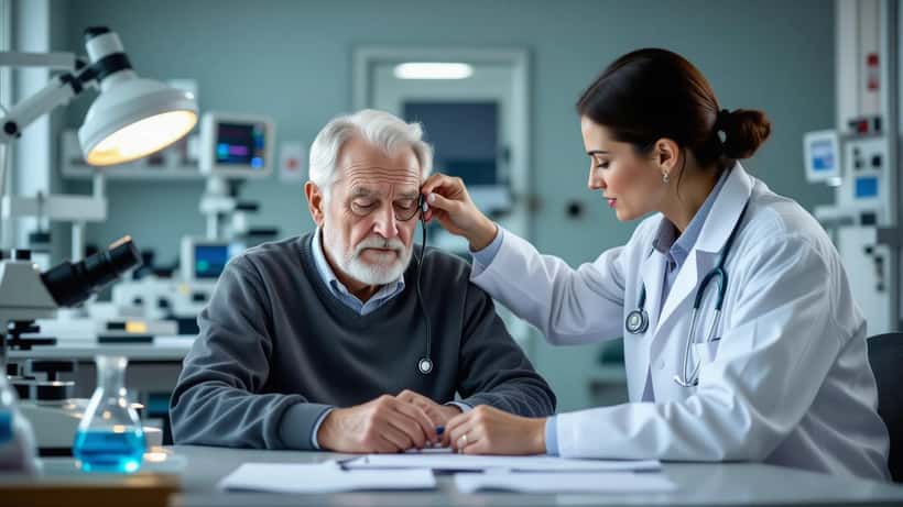 Eldre pasient undersøkes av lege i norsk sykehus, klinisk diagnose av blodsykdom
