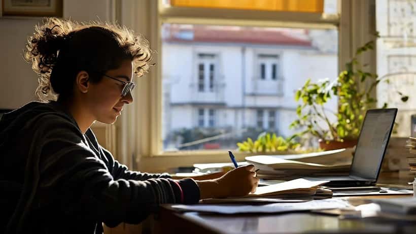 Estudante portuguesa a estudar para os exames nacionais em junho numa secretária em Lisboa