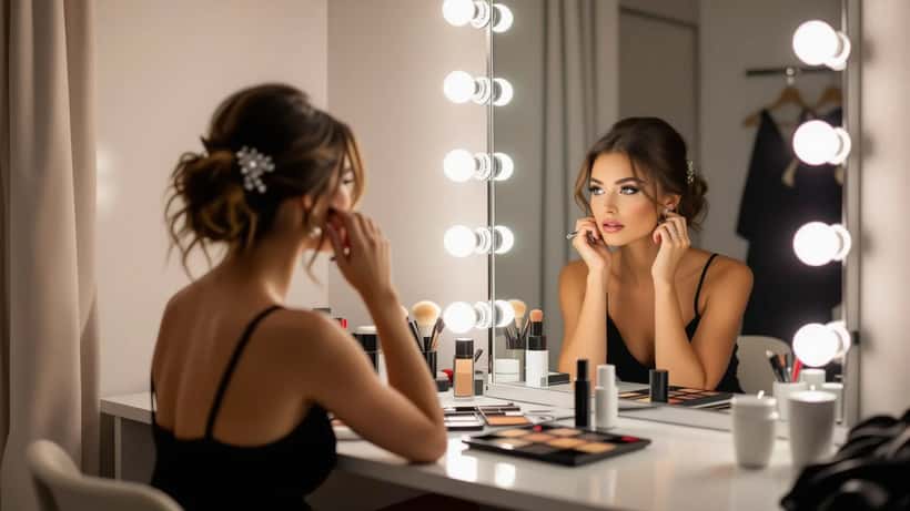Junge Frau vor Spiegel beim Backstage-Bereich eines Modewettbewerbs