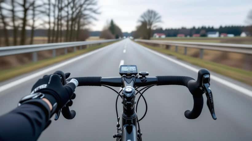Cykelrytter med GPS-cykelcomputer og powermåler på styret under en landevejsetape i høj fart