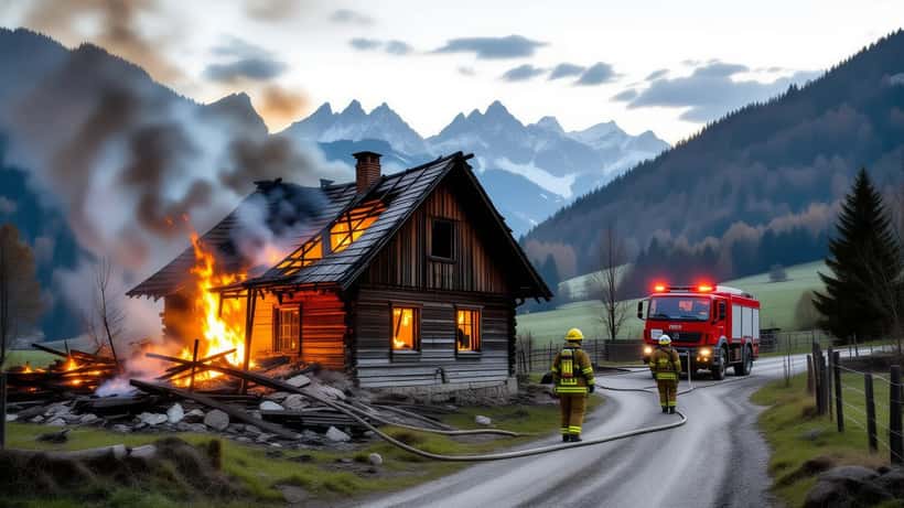 Ausgebranntes Holz-Bauernhaus in Himmelberg mit Feuerwehr im Einsatz