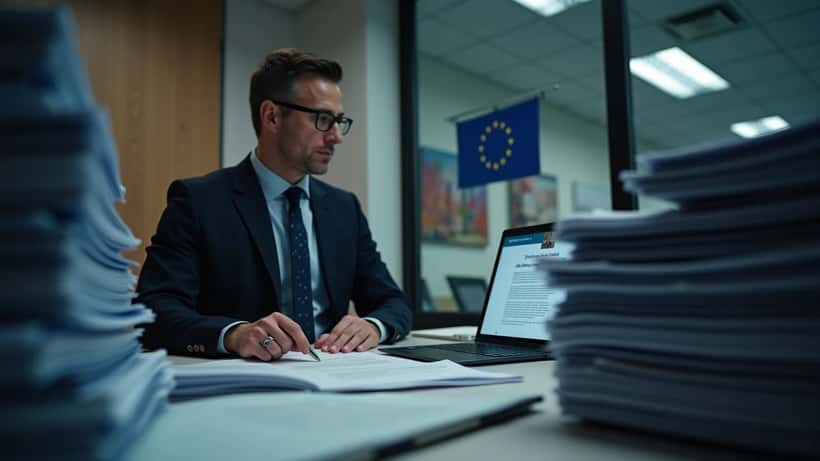 Österreichischer Unternehmensberater prüft EU-Sanktionsdokumente in Wiener Büro mit EU-Flagge im Hintergrund