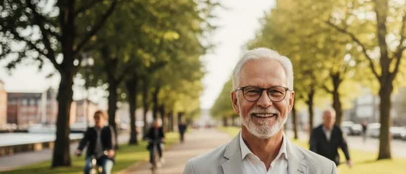 Ældre dansk mand spadserer aktivt i en park i København - symbolik for sund aldring og geriatri