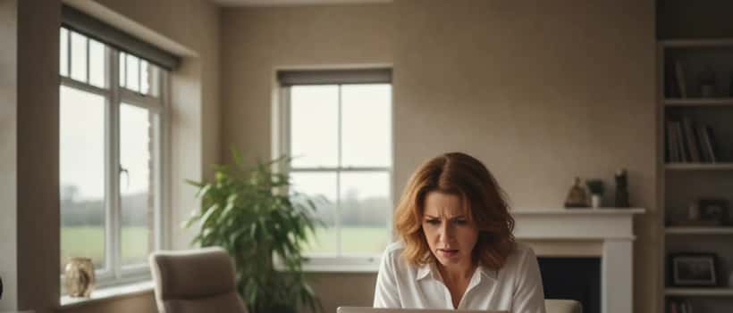 British professional woman distressed looking at laptop screen in home office