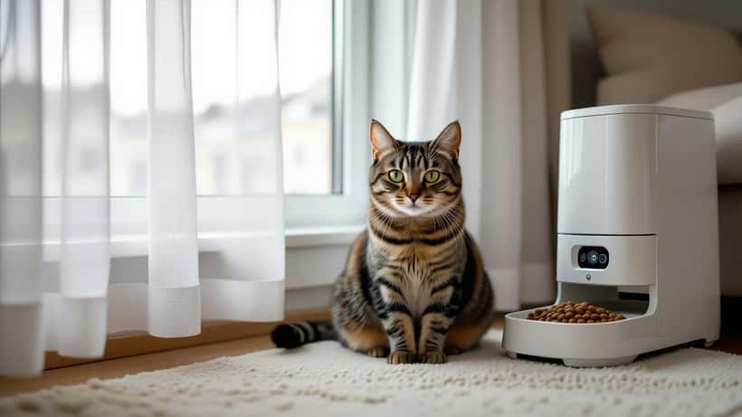 Grå tabby-katt sitter ensam i en ljus svensk lägenhet med automatisk matare synlig på golvet
