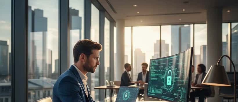 IT-Sicherheitsexperte am Laptop in modernem deutschen Büro, fokussierter Ausdruck