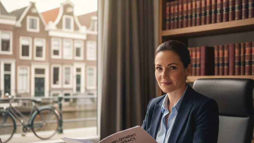 Nederlandse arbeidsrechtadvocate bestudeert arbeidscontract documenten in een modern Amsterdams kantoor