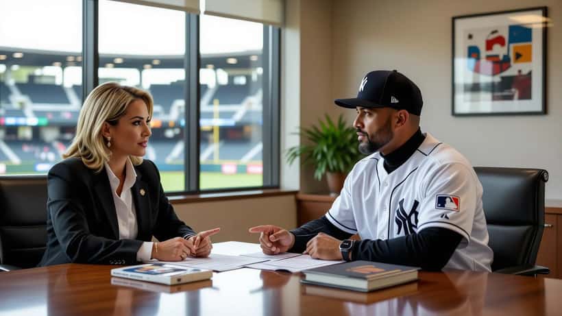 Abogado y jugador de béisbol revisando documentos legales de proceso antidopaje MLB en sala de conferencias