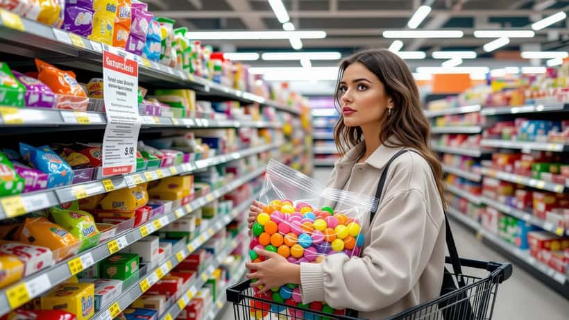Woman at Australian supermarket checking Allen's lollies recall notice on shelf