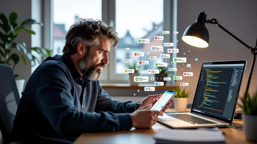 Smartphone mit Kettenbrief-Benachrichtigungen neben Laptop mit deutschem Recht