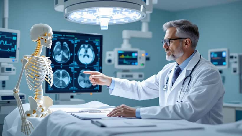Spine specialist pointing to lumbar MRI scan in an orthopedic clinic examination room