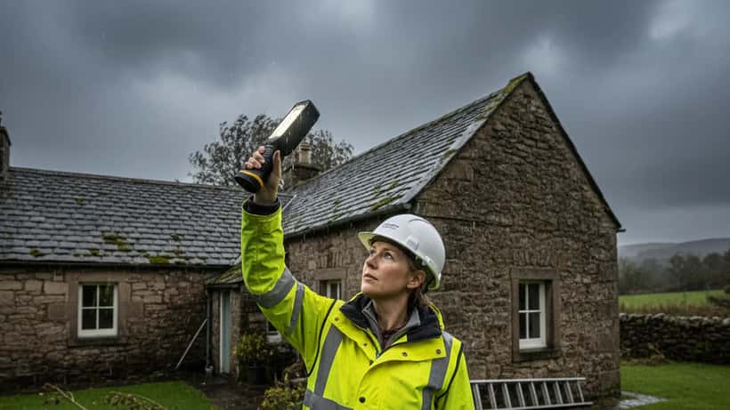 Female tradesperson inspecting roof damage on a Scottish stone cottage during Storm Dave Easter 2026
