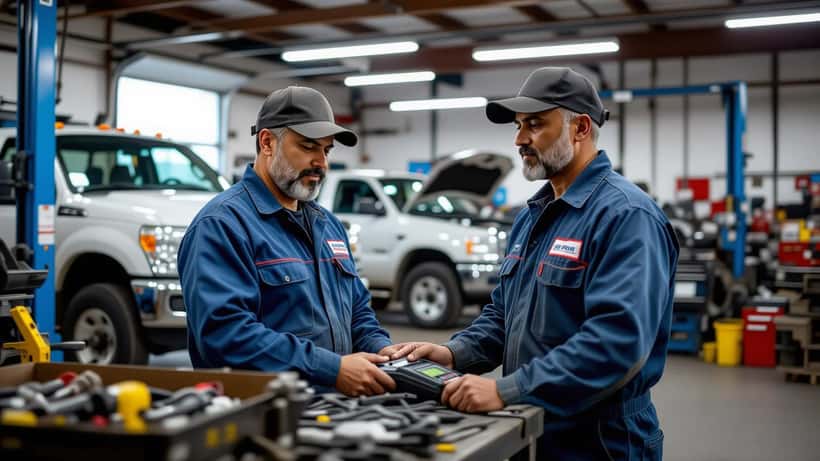 Mecánico latino revisando la presión de los neumáticos de una camioneta en un taller de San Antonio, Texas