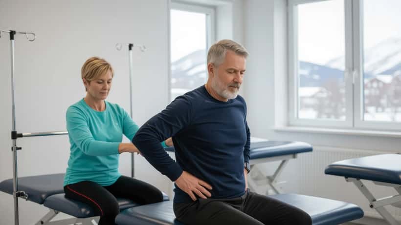 Mann i 40-årsalderen under fysioterapi for ryggsmerter i norsk klinikk