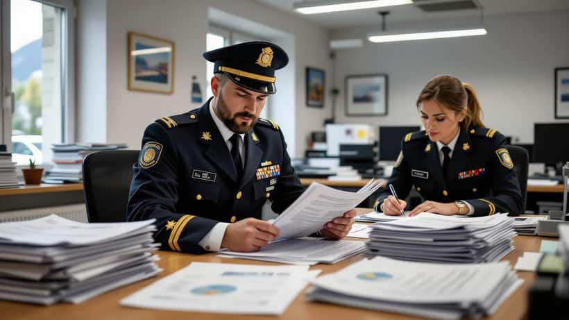 Österreichischer Finanzpolizist prüft Lohnunterlagen und ASVG-Meldungen in einem Kleinstbetrieb
