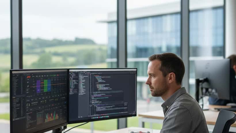British IT specialist analysing Formula 1 telemetry and vehicle cybersecurity data on dual monitors