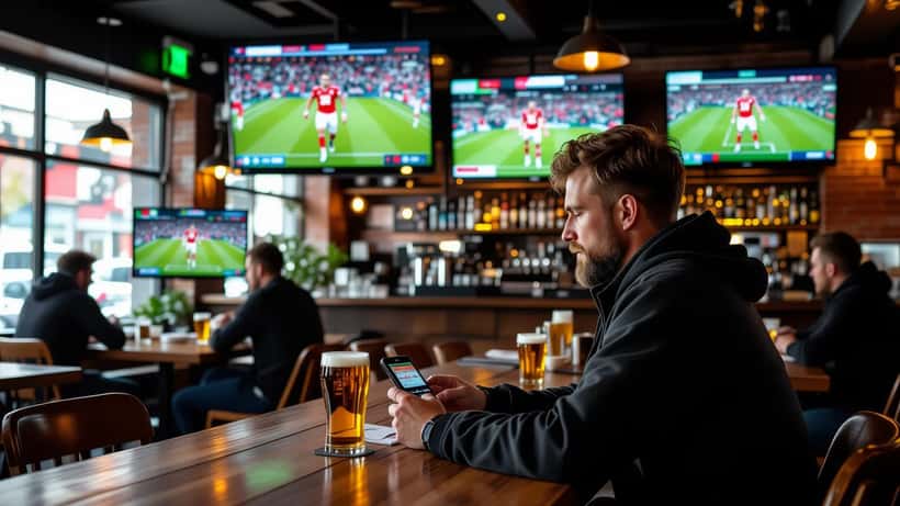 Dansker tjekker VM 2026 gruppestillinger på smartphone i sports bar med betting-slip på bordet