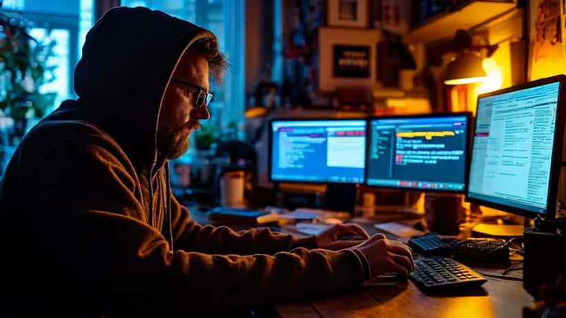IT security specialist reviewing streaming account security settings on multiple screens with 2FA notification on phone
