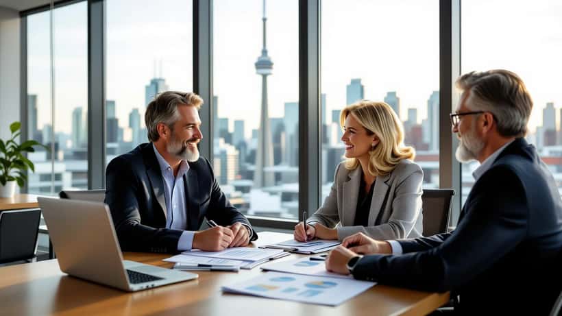 Canadian couple reviewing CRA capital gains tax documents with a financial advisor in a Toronto office
