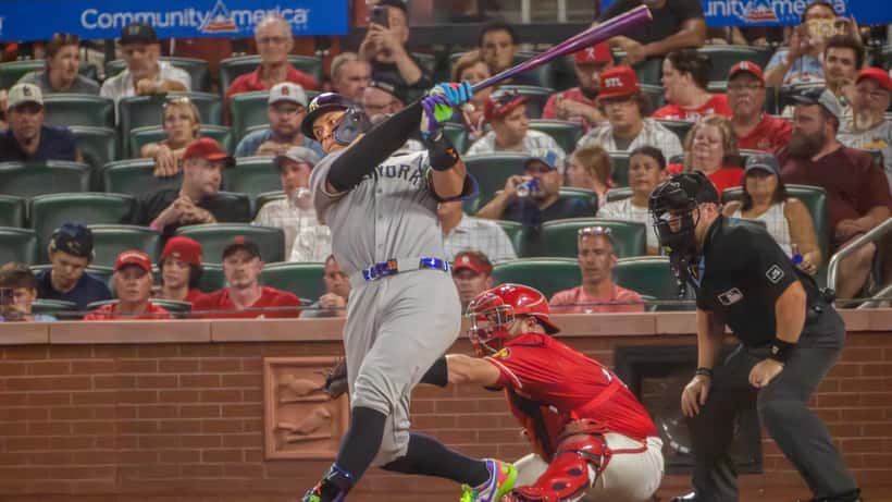 Aaron Judge batting in his New York Yankees uniform during a 2025 game in St. Louis
