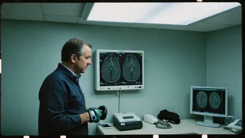 Sports medicine physician reviewing brain MRI scans in a clinic with MMA gloves on the desk