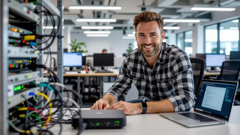 IT technician diagnosing network router in Sydney office with laptop showing streaming error