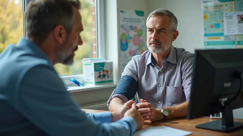 GP checking patient blood pressure in a UK surgery
