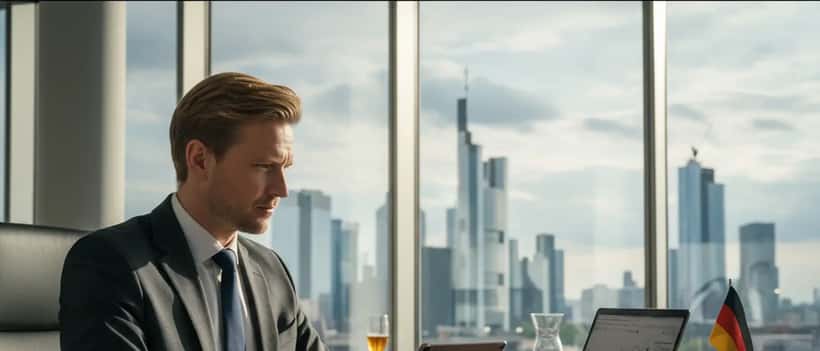 Deutscher Finanzberater analysiert Investmentcharts auf Laptop in modernem Büro