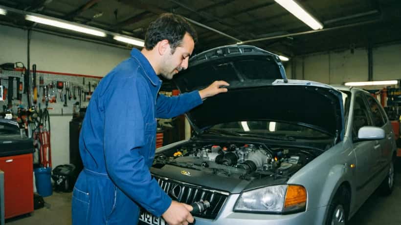 Mécanicien en blouse bleue inspectant le moteur d'une voiture dans un garage, kit bioéthanol E85 visible sur l'établi