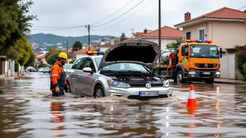 Mecânico a inspecionar viatura submersa em inundação após precipitação intensa em Portugal 2026