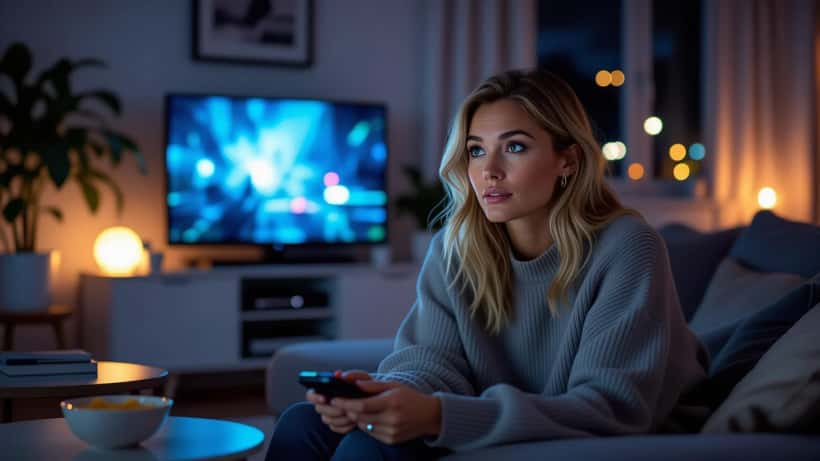 Kvinna tittar intensivt på thriller-streaming sent på kvällen i mörkt Stockholm-vardagsrum